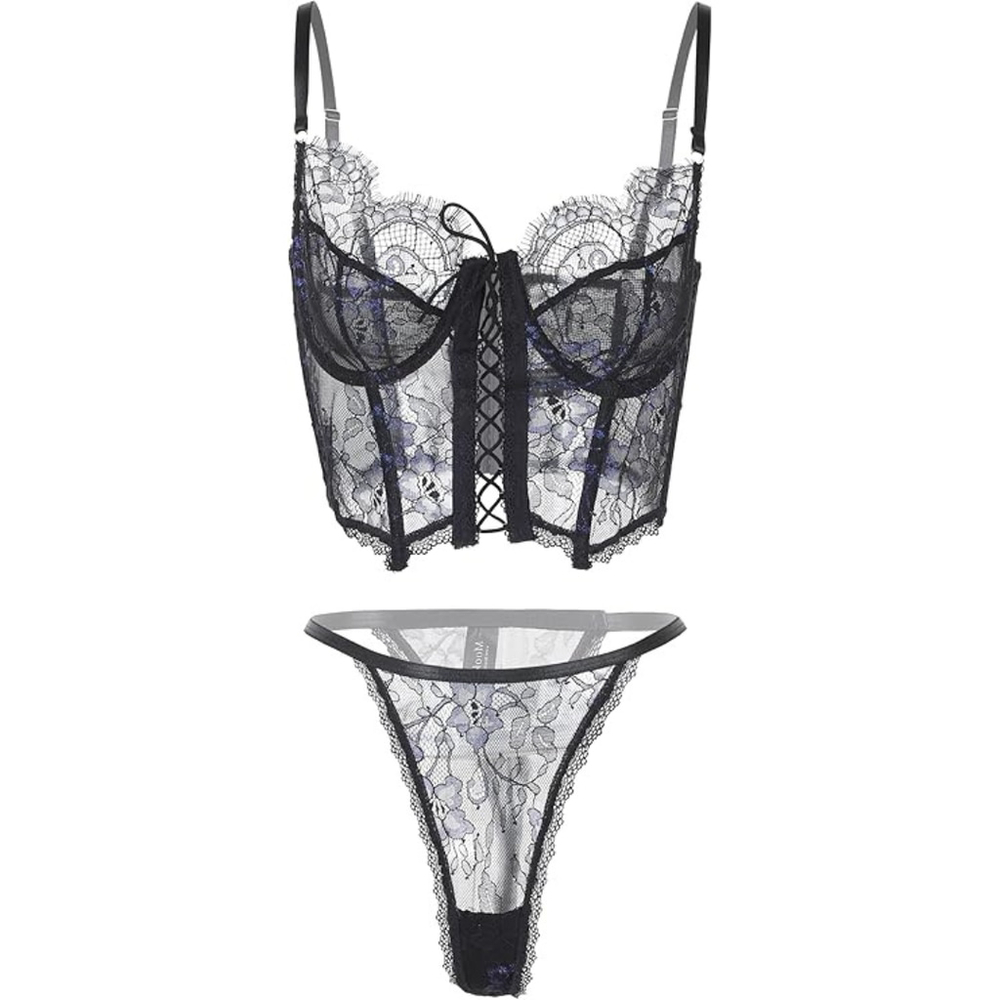 Women’s Floral V-Neck Corset Top & Panty Lingerie Set–Black/Purple–Size M–NWT